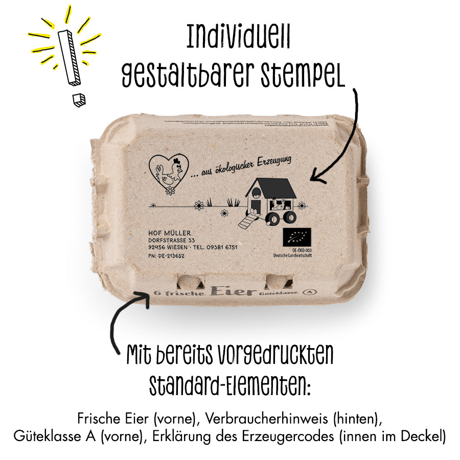Stempel für Eierschachteln, 6er Ecopack "Individuell gestaltbarer Stempel, mit bereits vorgedruckten Standard-Elementen: Frische Eier (vorne), Verbraucherhinweis (hinten), Güteklasse A (vorne), Erkältung des Erzegercodes (innen im Deckel)"