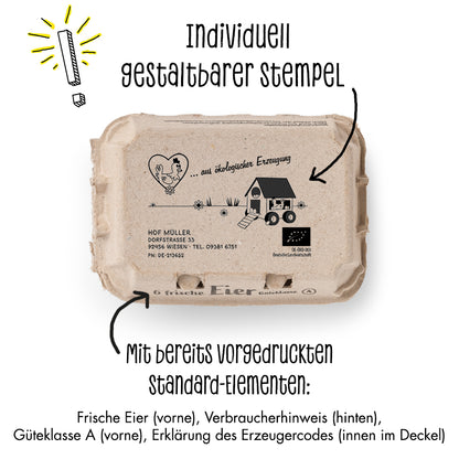 Stempel für Eierschachteln, 6er Ecopack "Individuell gestaltbarer Stempel, mit bereits vorgedruckten Standard-Elementen: Frische Eier (vorne), Verbraucherhinweis (hinten), Güteklasse A (vorne), Erkältung des Erzegercodes (innen im Deckel)"