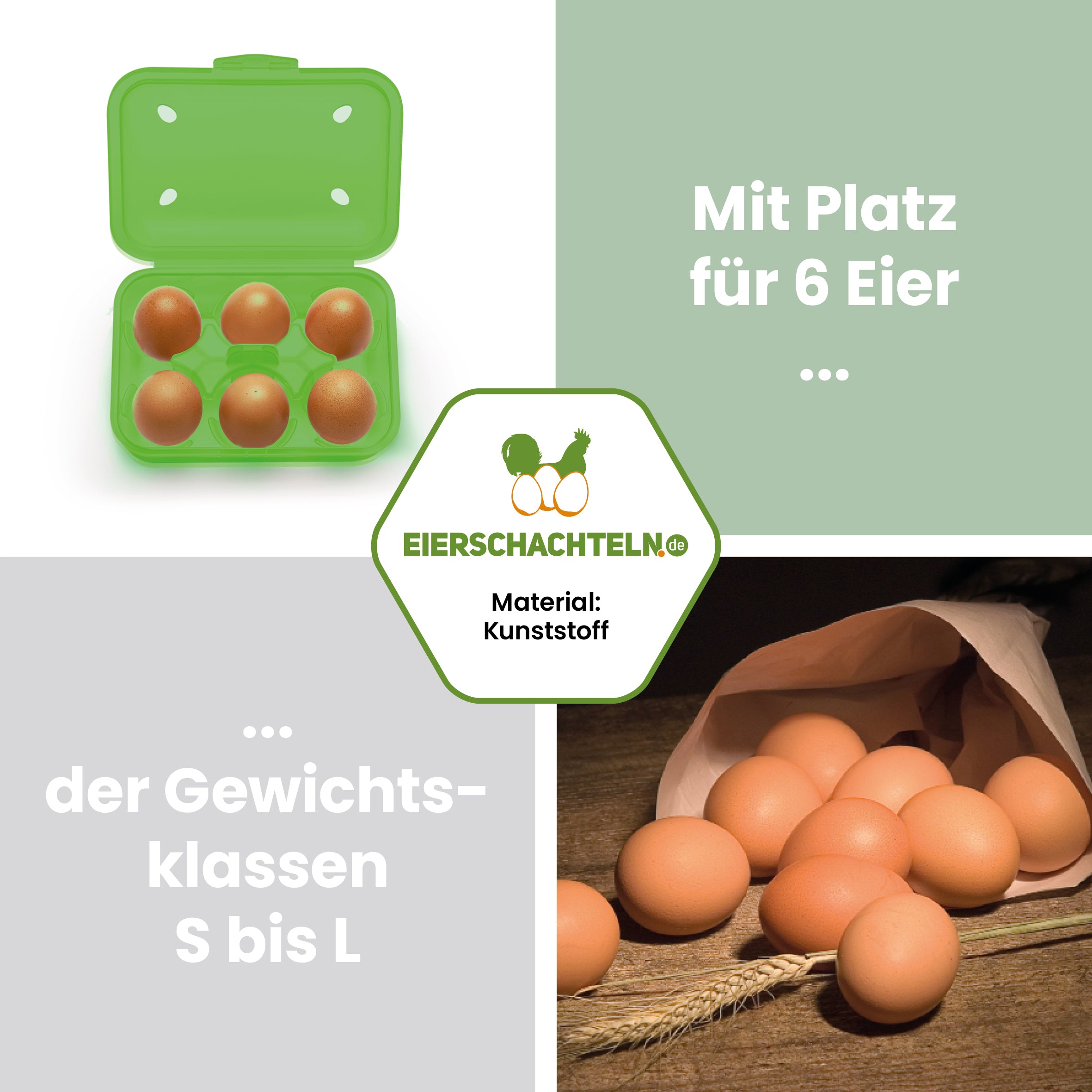 6er Meibox Mehrweg-Eierschachtel, grün "Mit Platz für 6 Eier der Gewichtsklassen S bis L"