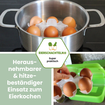 6er Meibox Mehrweg-Eierschachtel, grün "Herausnehmbarer &amp; hitzebeständiger Einsatz zum Eierkochen" 