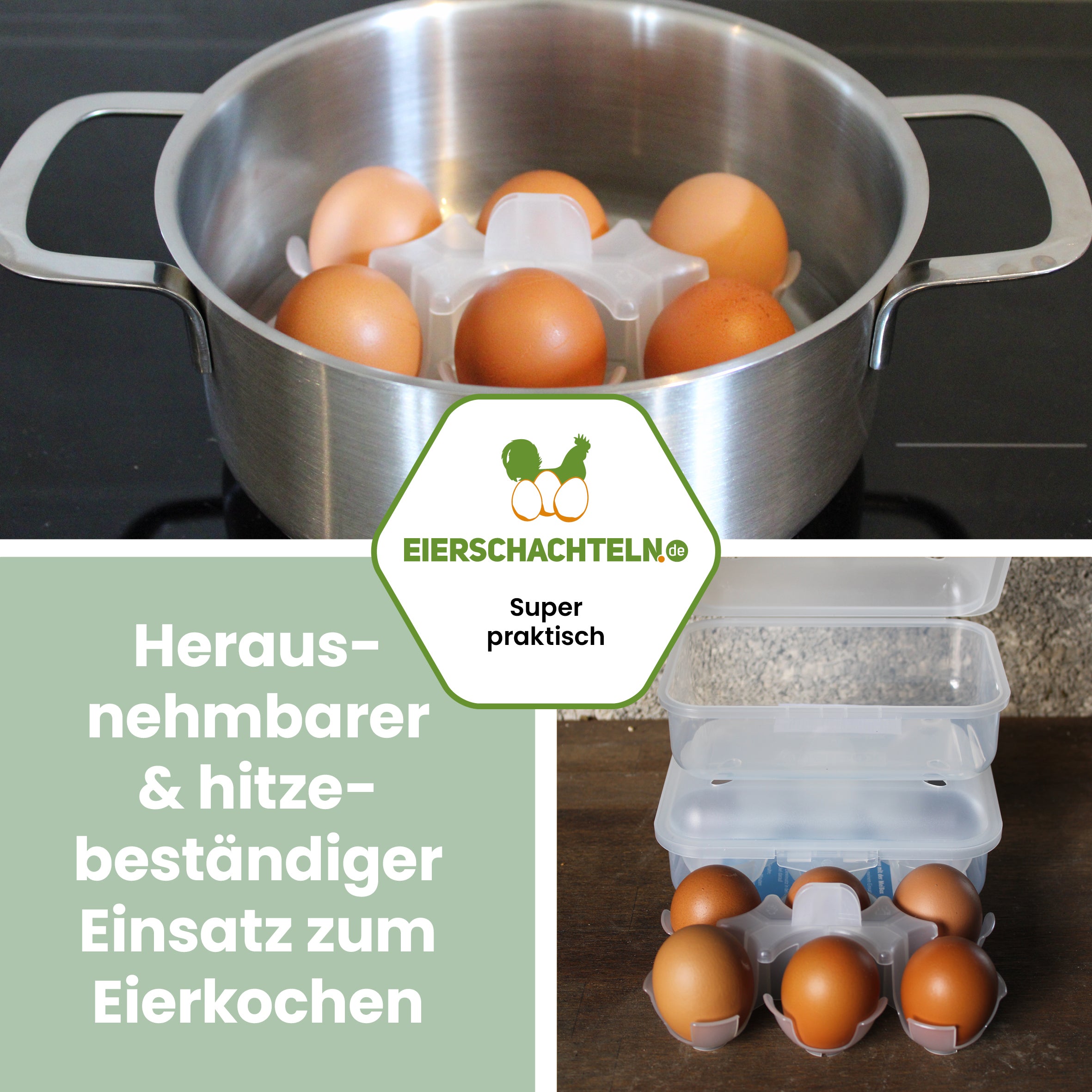 6er Meibox Mehrweg-Eierschachtel, transparent "Herausnehmbarer &amp; hitzebeständiger Einsatz zum Eierkochen" 