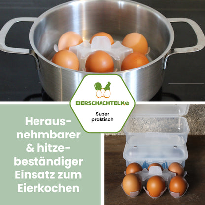 6er Meibox Mehrweg-Eierschachtel, transparent "Herausnehmbarer &amp; hitzebeständiger Einsatz zum Eierkochen" 