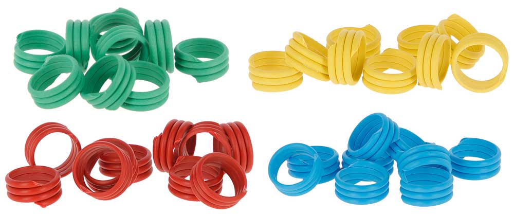 Bunte Spiralringe / Fußringe zur Kennzeichnung von Legehennen 100 Stück in drei Farben