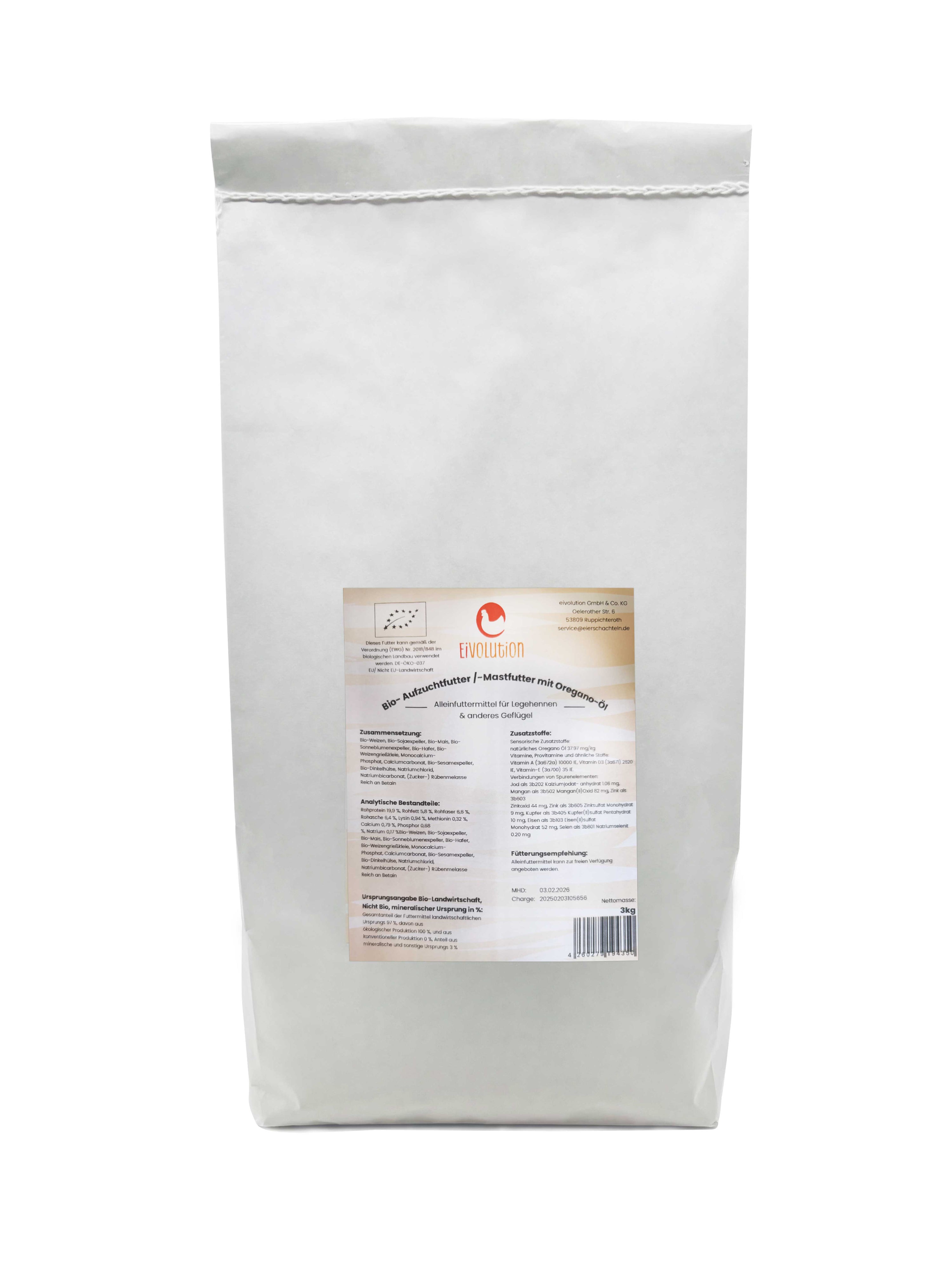 Bio Aufzucht- und Mastfutter mit Oregano-Öl, 3 kg