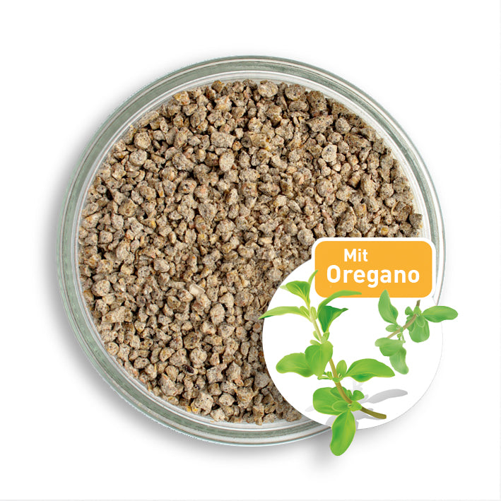 Bio Aufzucht- und Mastfutter mit Oregano-Öl, in der Petrischale 
