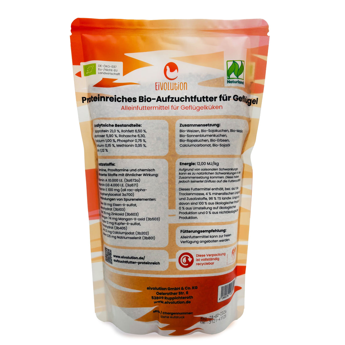 Proteinreiches Bio-Aufzuchtfutter für Geflügel - 800g Probierbeutel, Rückseite