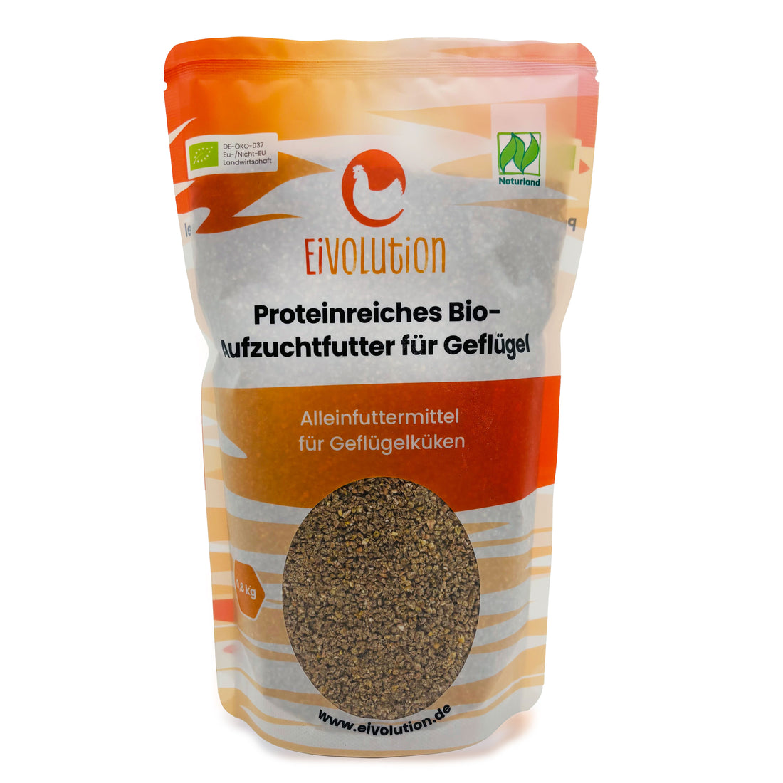 Proteinreiches Bio-Aufzuchtfutter für Geflügel, 800g Probierbeutel, Vorderseite