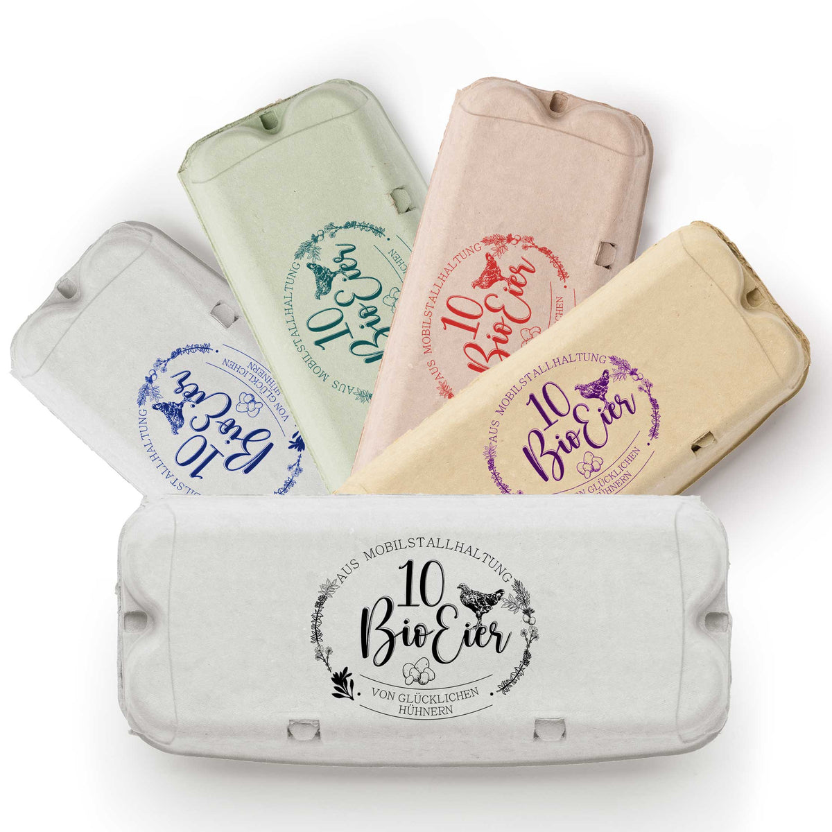 Eierschachtel-Stempel 10 bzw. 6 Bio-Eier aus Mobilstallhaltung, oval, in 5 Farben auf Schachteln