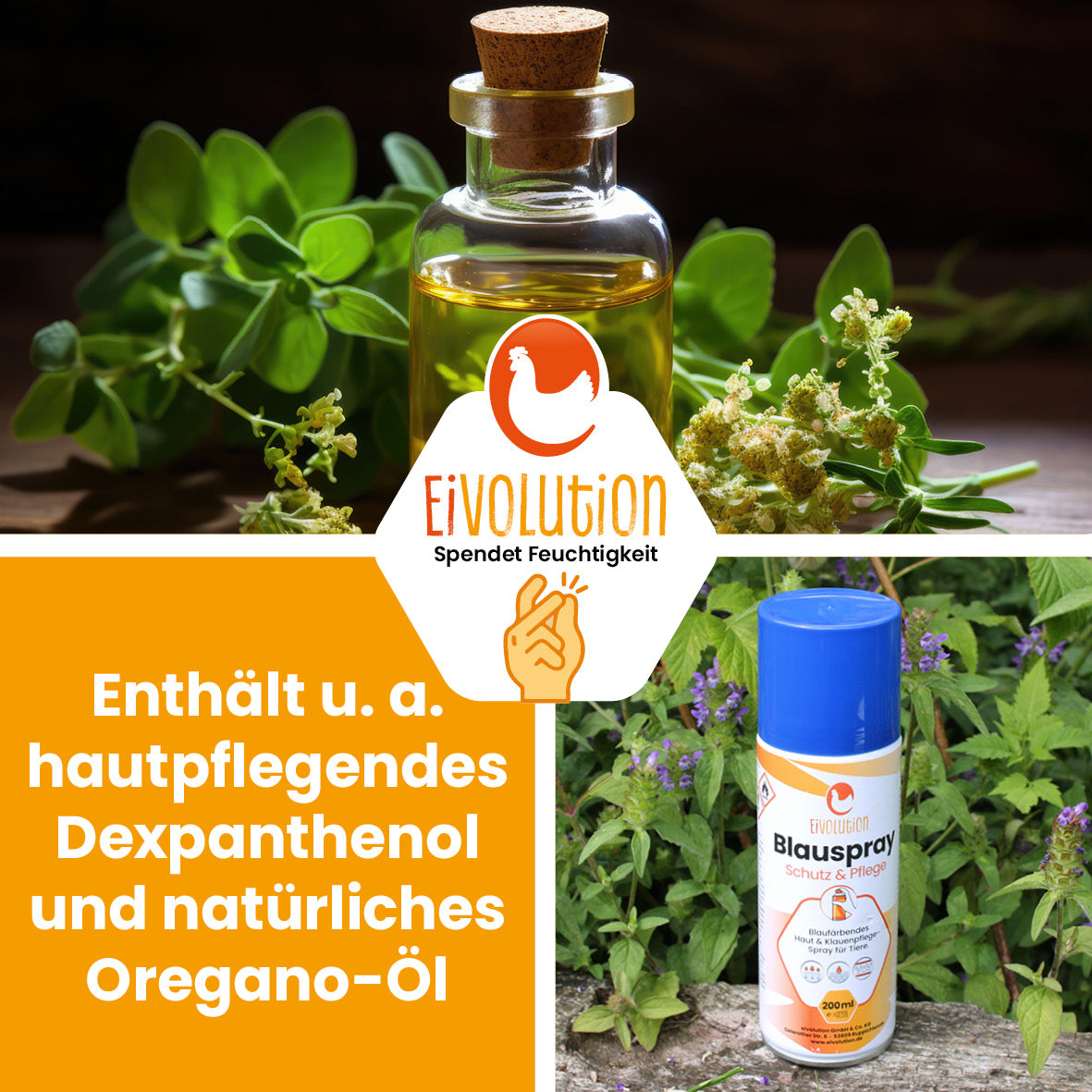 Blauspray für Hühner u. a. Tiere "Enthält u.a. hautpflegendes Dexpanthenol und natürliches Oregano-Öl"