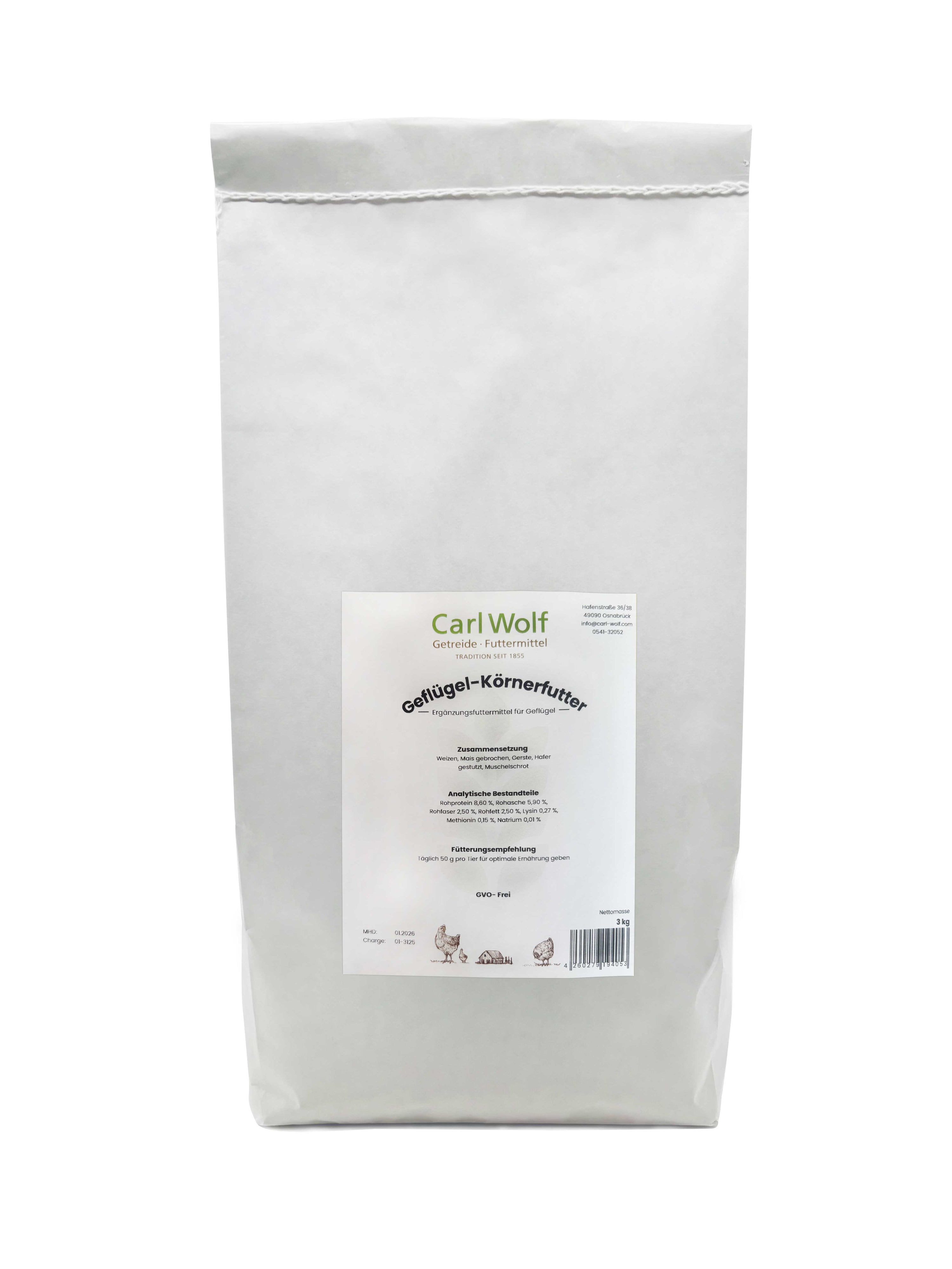 Geflügelkörnerfutter von Carl Wolf, 3kg Beutel