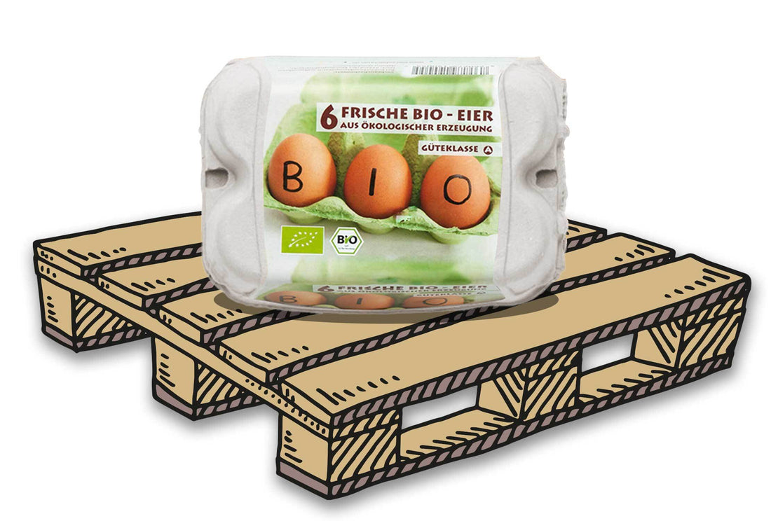 6er Eierschachteln mit Bio-Etikett, auf Palette
