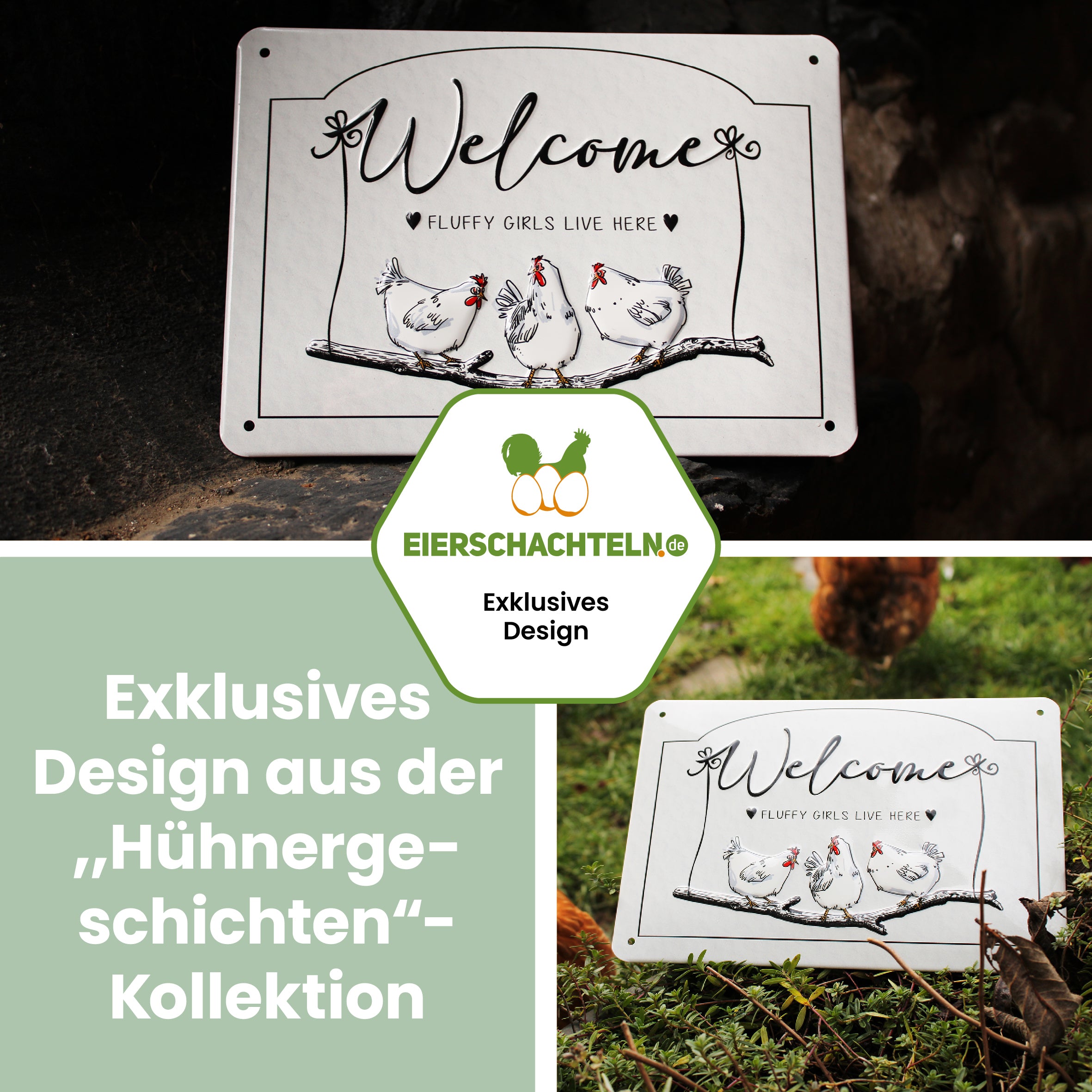 Dekoschild, Welcome "Exklusives Design aus der Hühnergeschichten-Kollektion"