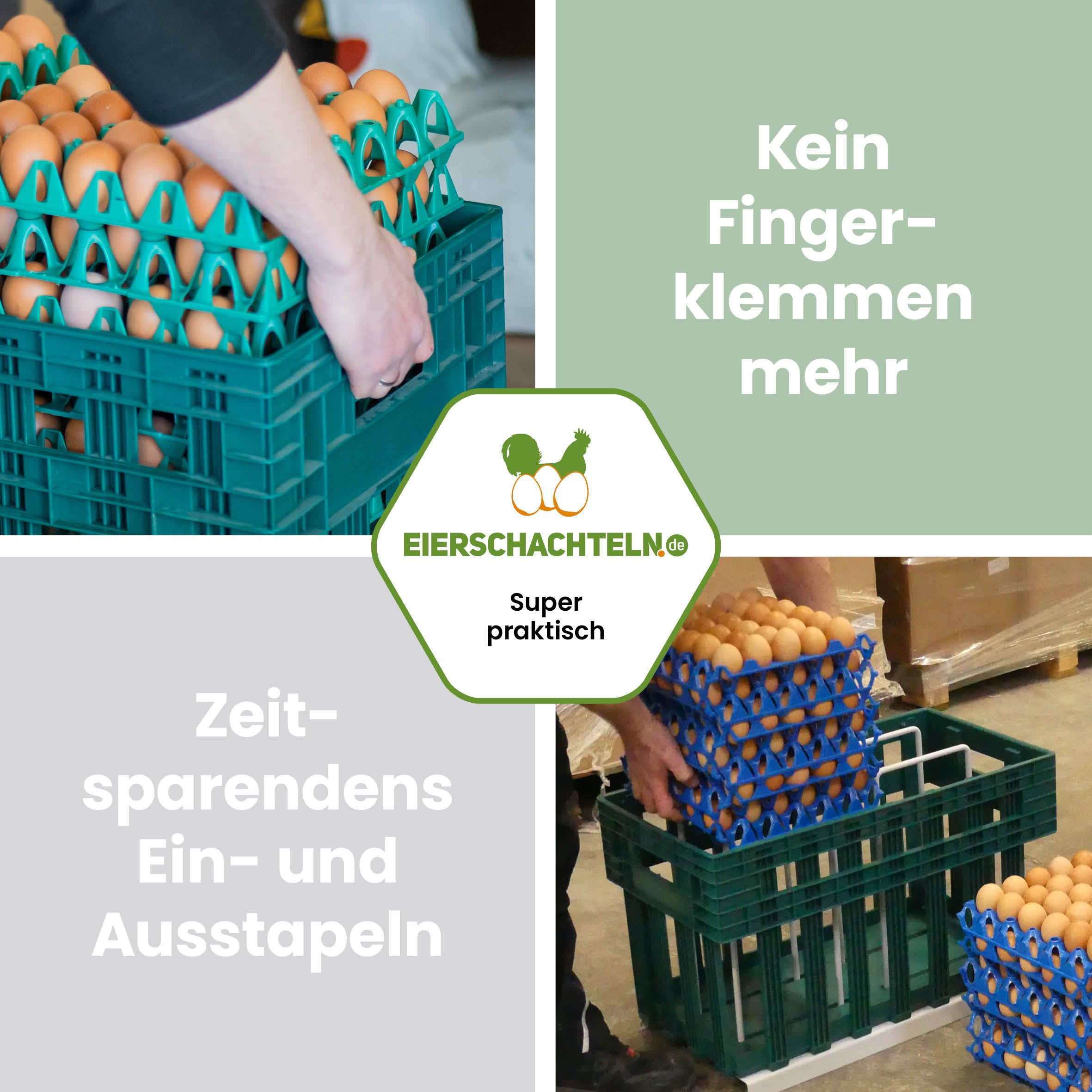 Ein- / Auspackhilfe für Kunststoffeierhorden in 360er Drehstapelkörben