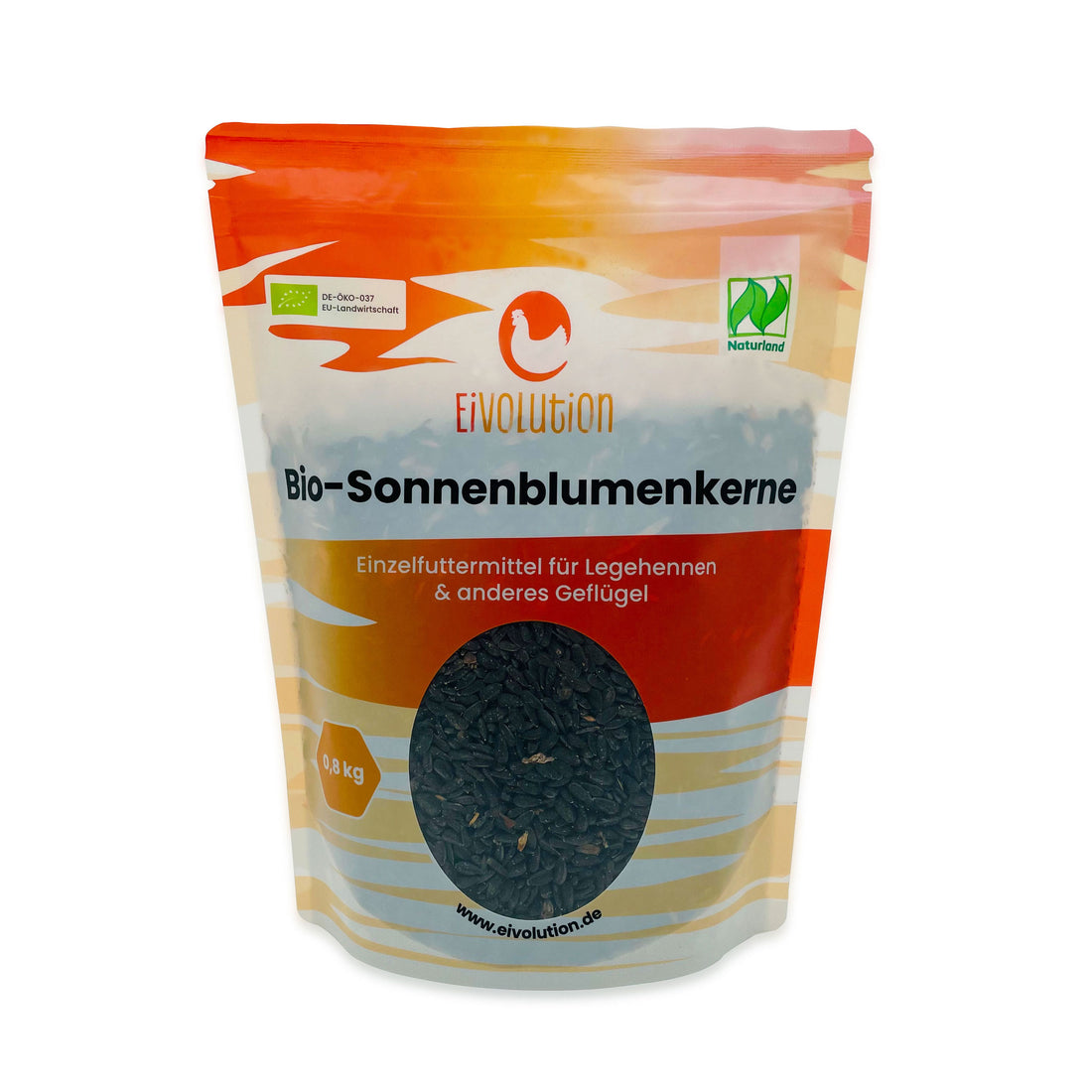 Bio-Sonnenblumenkerne – Hühnerleckerli &amp; Wintervogelfutter, 800 g Beutel - Naturland zertifiziert, Vorderseite