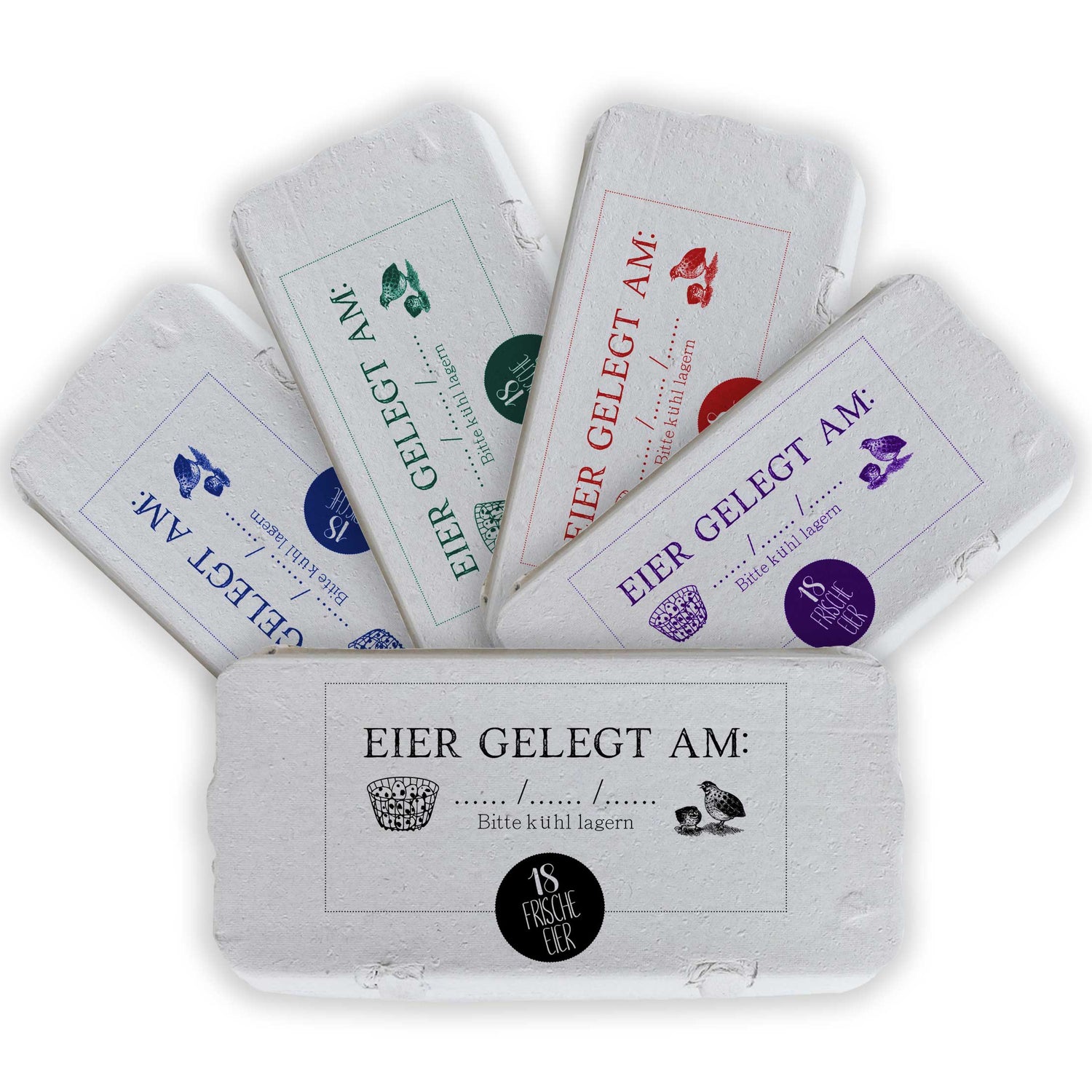 Eierschachtel-Stempel 18/ 12 bzw. 6 Frische Wachtel-Eier gelegt am ..., in 5 Farben auf Schachteln