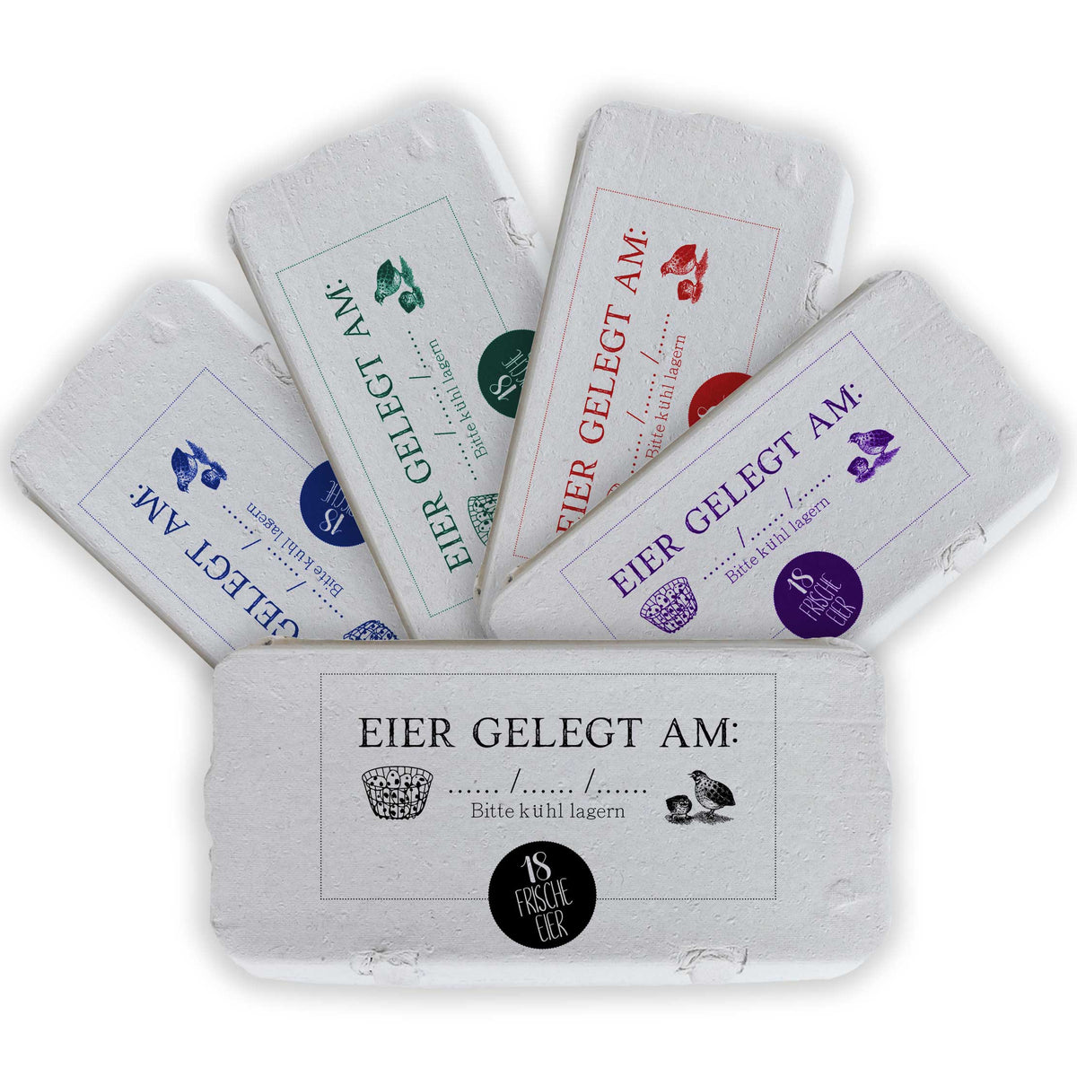 Eierschachtel-Stempel 18/ 12 bzw. 6 Frische Wachtel-Eier gelegt am ..., in 5 Farben auf Schachteln