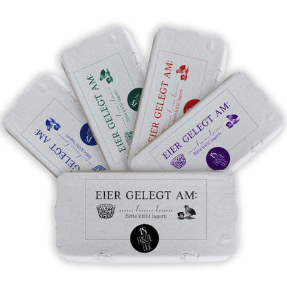 Eierschachtel-Stempel 18/ 12 bzw. 6 Frische Wachtel-Eier gelegt am ..., in 5 Farben auf Schachteln