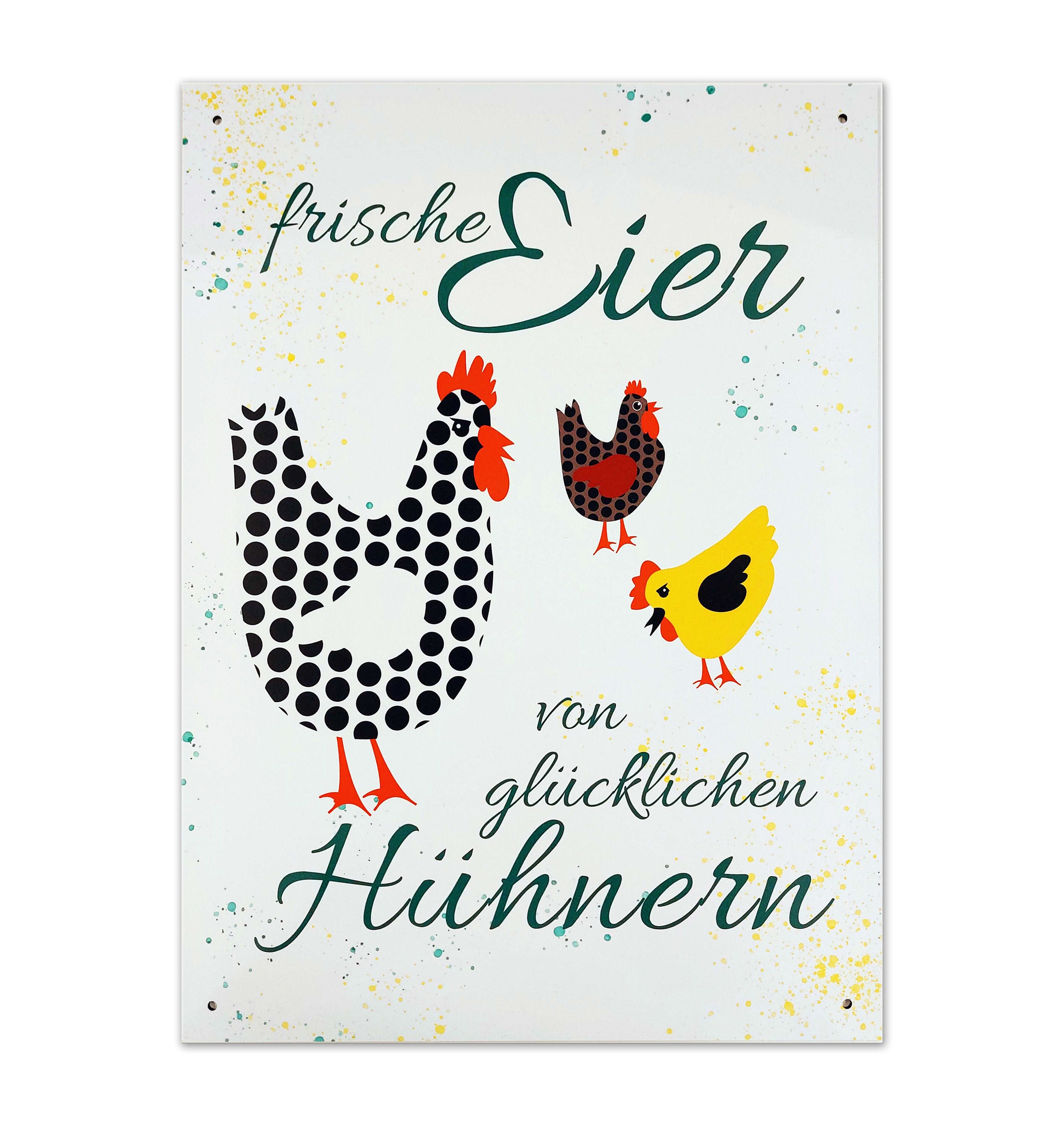 Alu-Schild „frische Eier von glücklichen Hühnern“, 297 x 420 mm