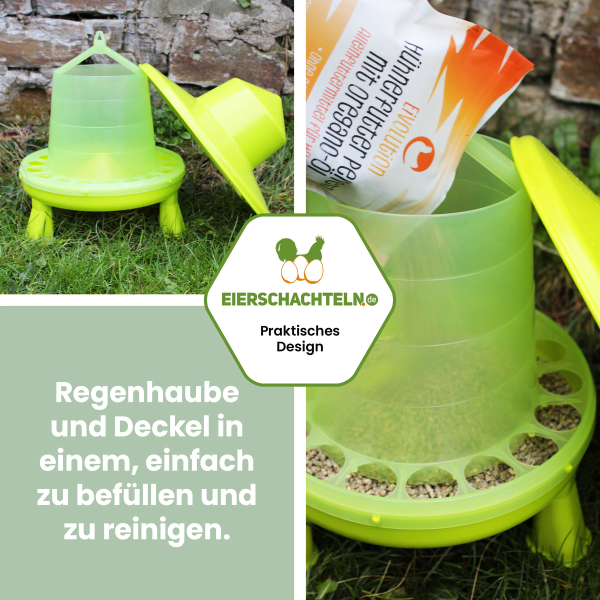 Futterautomat aus Kunststoff 4 kg, mit Beinen &amp; Regenhut "Regenhaube und Deckel in einem, einfach zu befüllen und reinigen."