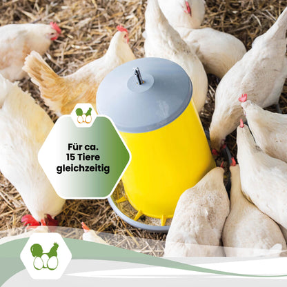 Futterautomat mit Füßen gelb / grau "Für ca. 15 Tiere gleichzeitig"