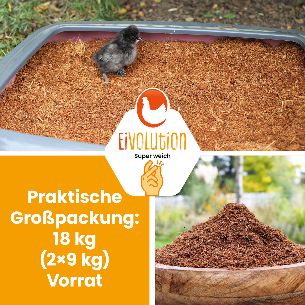 Kokoseinstreu 18 kg (2×9 kg) – saugstark, natürlich &amp; hypoallergen für Hühner, Wachteln &amp; Kleintiere