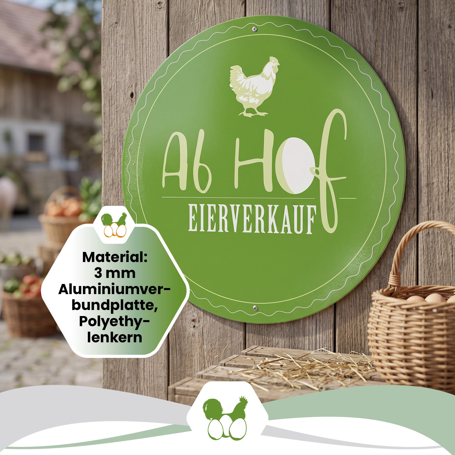 Alu-Schild „Ab Hof Eierverkauf“, Ø 40 cm