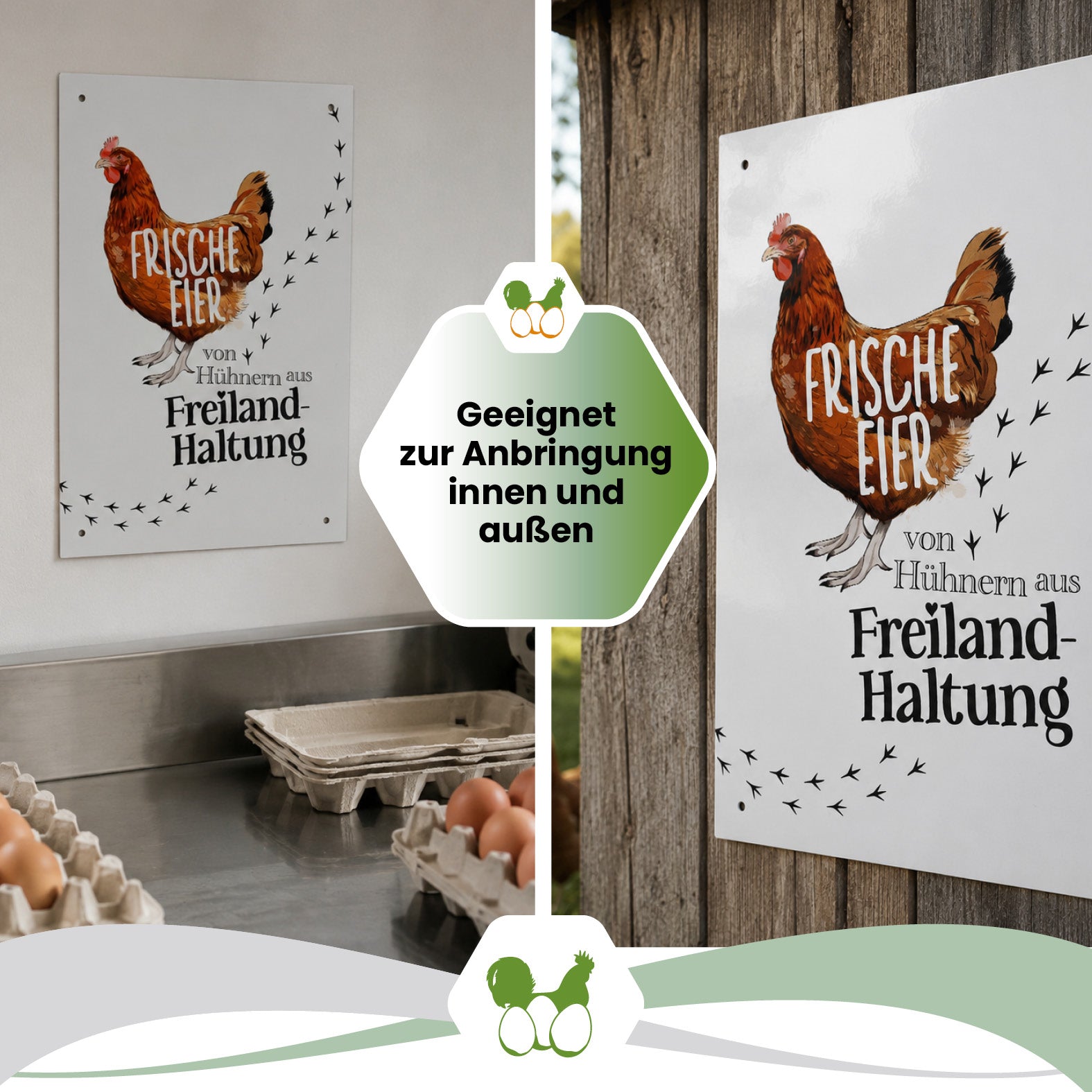 Alu-Schild Huhn „Frische Eier aus Freilandhaltung“, 21 x 29,7 cm