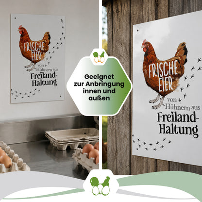 Alu-Schild Huhn „Frische Eier aus Freilandhaltung“, 21 x 29,7 cm