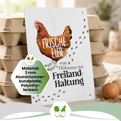Alu-Schild Huhn „Frische Eier aus Freilandhaltung“, 21 x 29,7 cm
