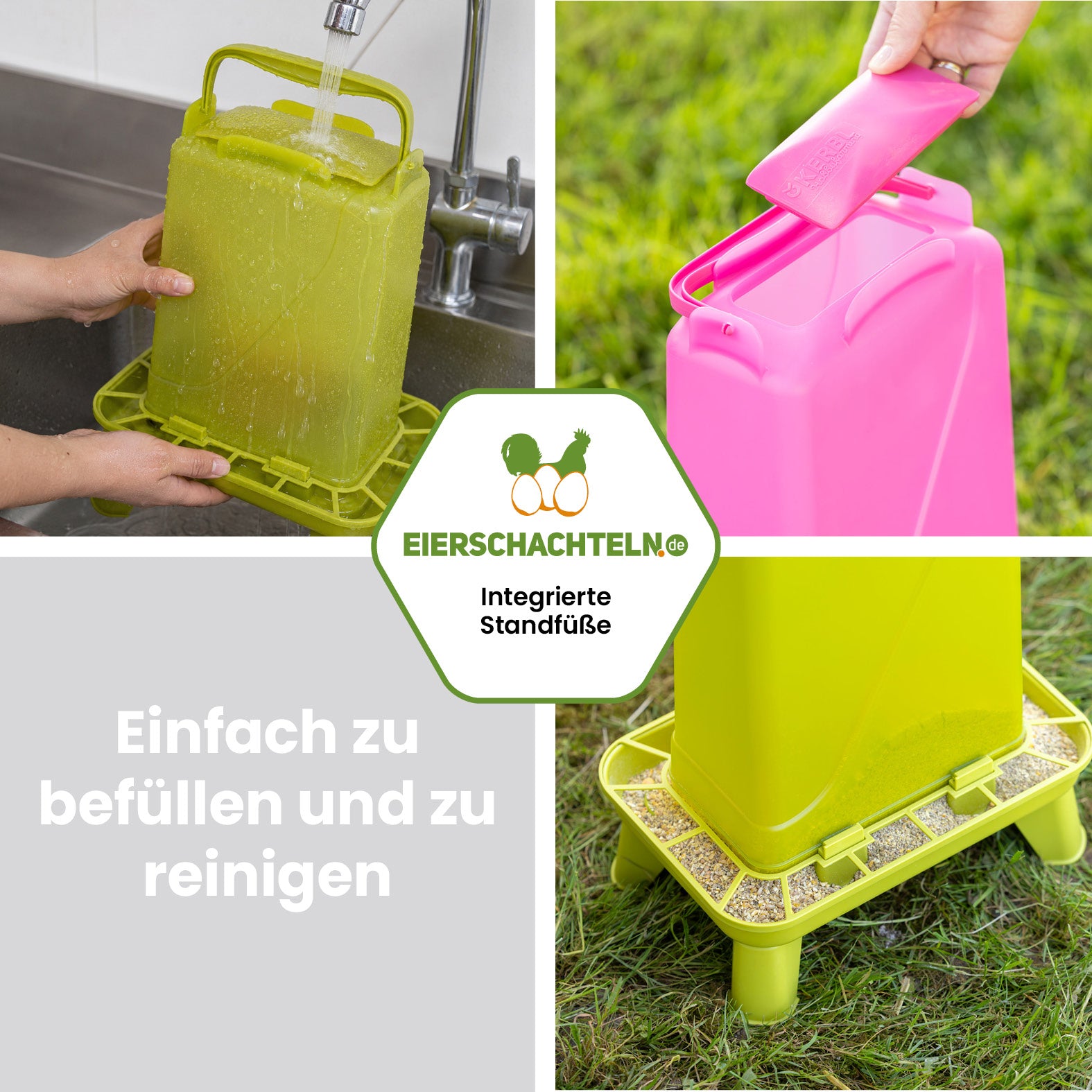 Futterautomat mit Standfüßen 5 kg in Grün oder Pink für Hühner und Geflügel