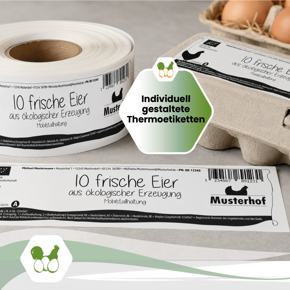 500 Stück Thermoetiketten für 10er Eierschachteln mit individuellem Eindruck – 4 Designvarianten