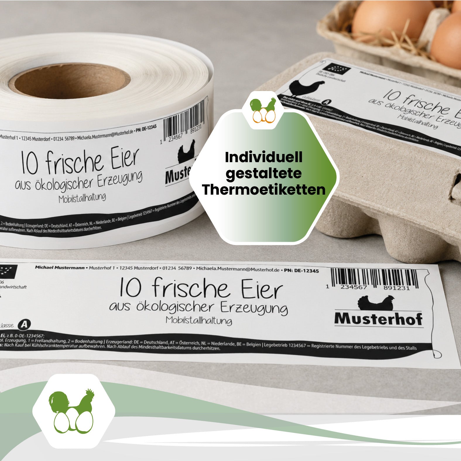 500 Stück Thermoetiketten für 10er Eierschachteln mit individuellem Eindruck – 4 Designvarianten