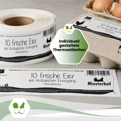 500 Stück Thermoetiketten für 10er Eierschachteln mit individuellem Eindruck – 4 Designvarianten
