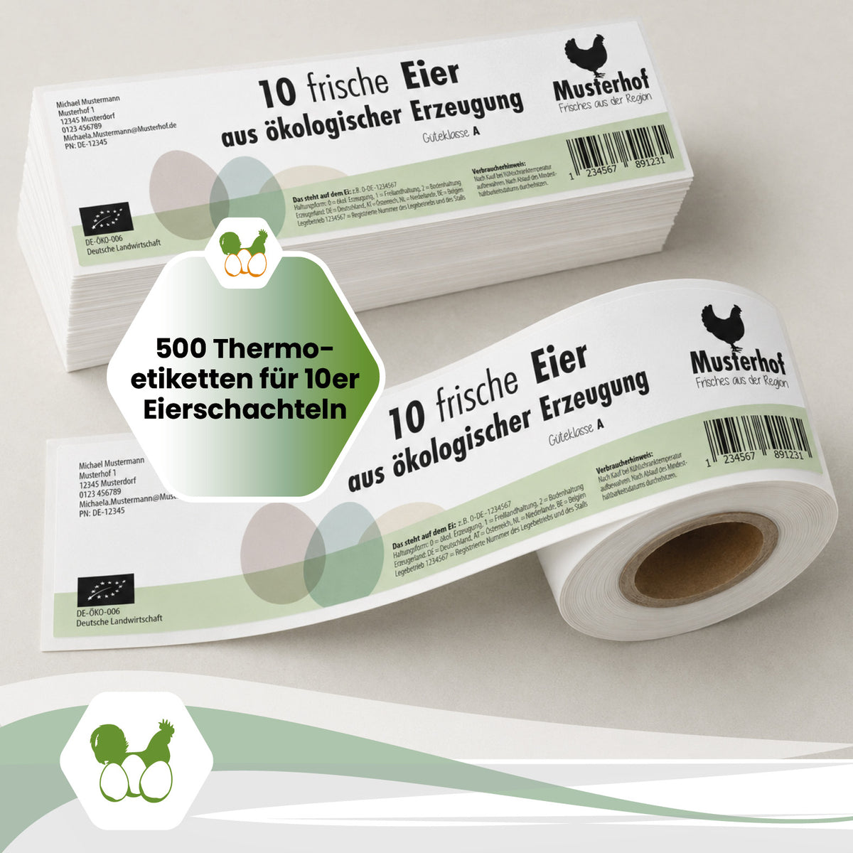 500 Stück Thermoetiketten für 10er Eierschachteln mit individuellem Eindruck – 4 Designvarianten