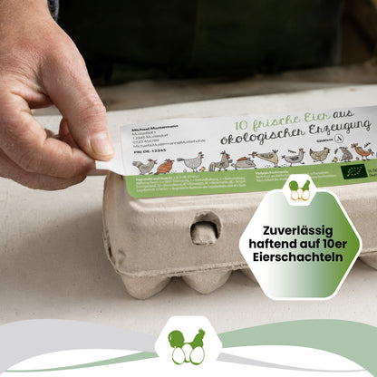500 Stück Thermoetiketten für 10er Eierschachteln mit individuellem Eindruck – 4 Designvarianten