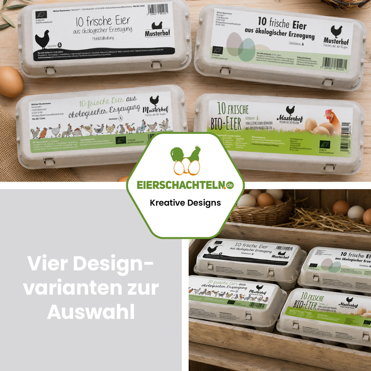 500 Stück Thermoetiketten für 10er Eierschachteln mit individuellem Eindruck – 4 Designvarianten