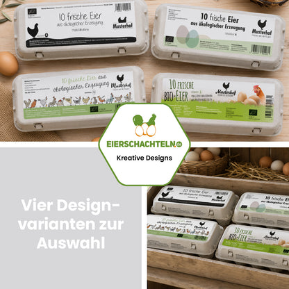 500 Stück Thermoetiketten für 10er Eierschachteln mit individuellem Eindruck – 4 Designvarianten