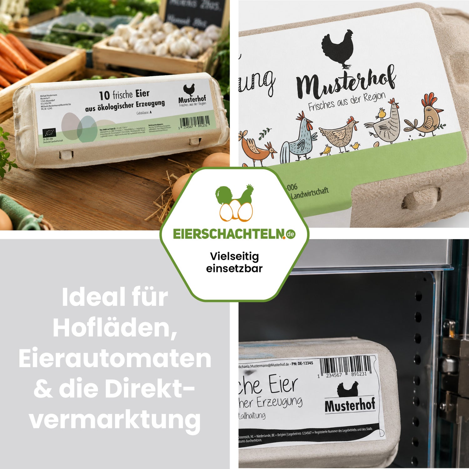 500 Stück Thermoetiketten für 10er Eierschachteln mit individuellem Eindruck – 4 Designvarianten