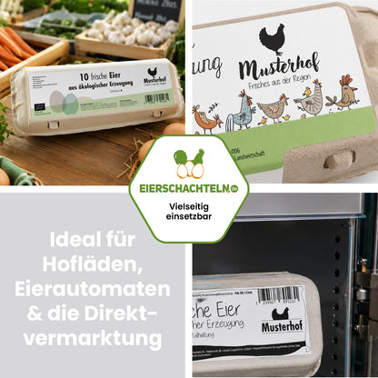 500 Stück Thermoetiketten für 10er Eierschachteln mit individuellem Eindruck – 4 Designvarianten
