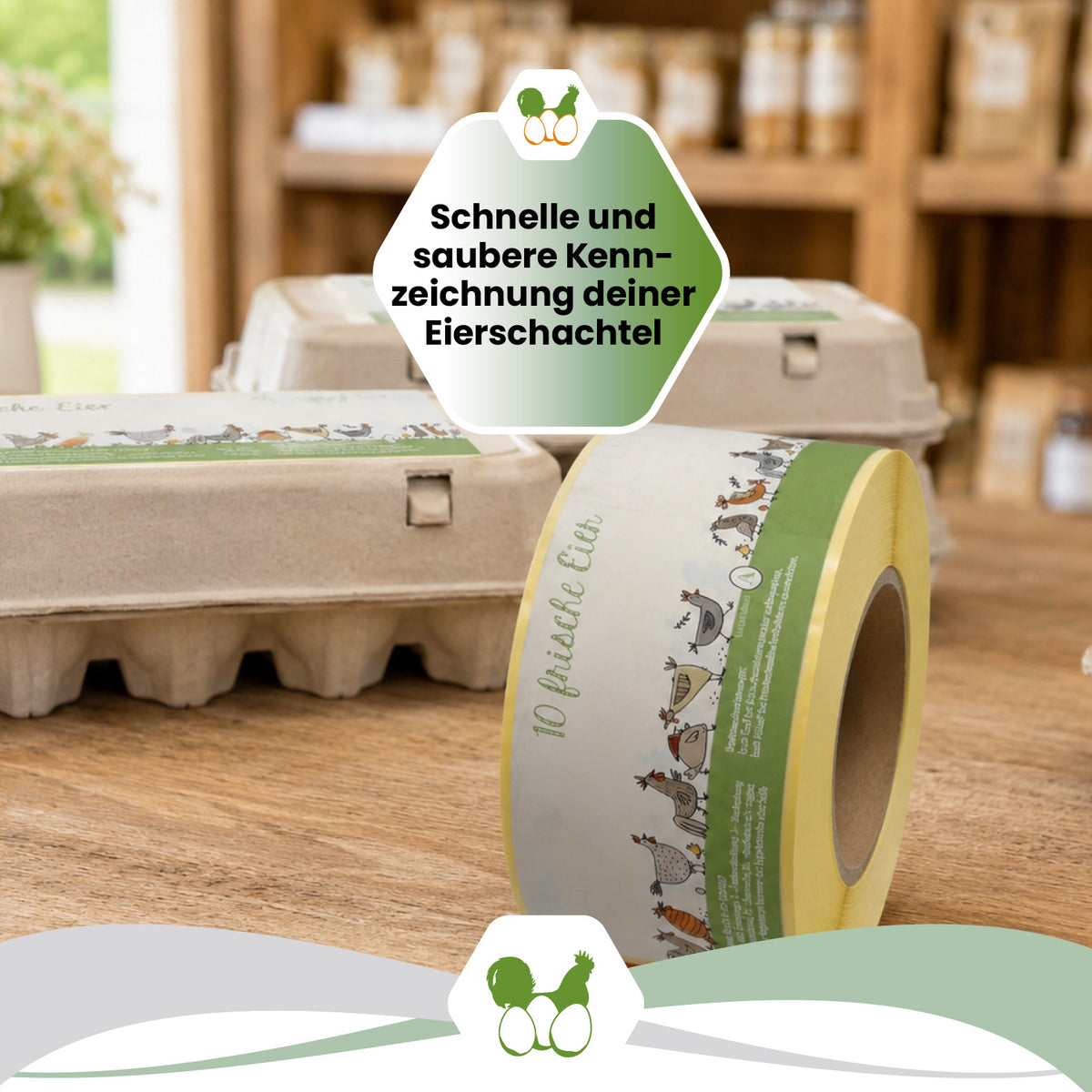 500 Stück Thermoetiketten für 10er Eierschachteln mit individuellem Eindruck – 4 Designvarianten