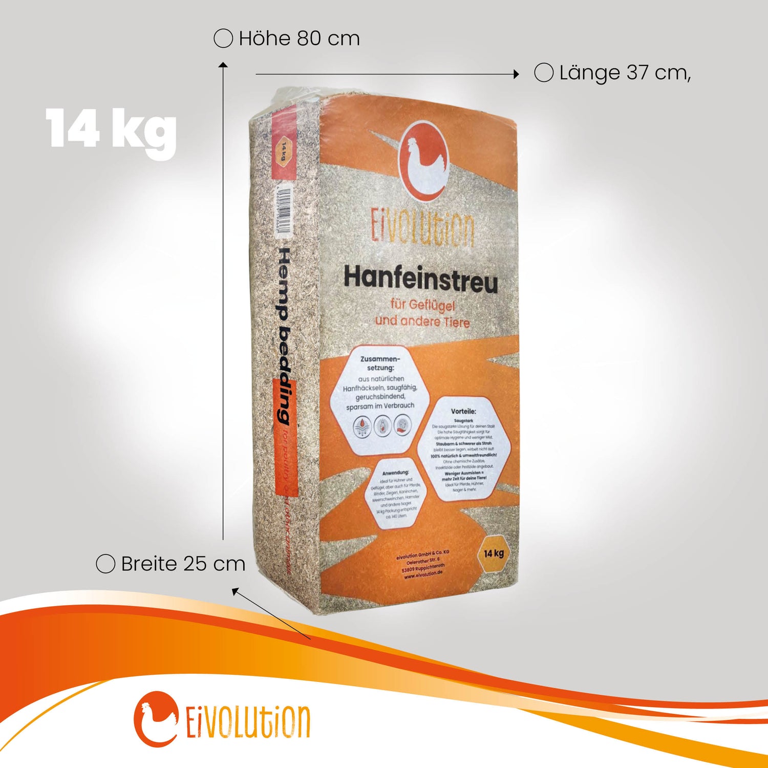 Hanfeinstreu 14 kg Ballen Maße: "Breite 25 cm x Länge 37 cm x Höhe 80 cm"