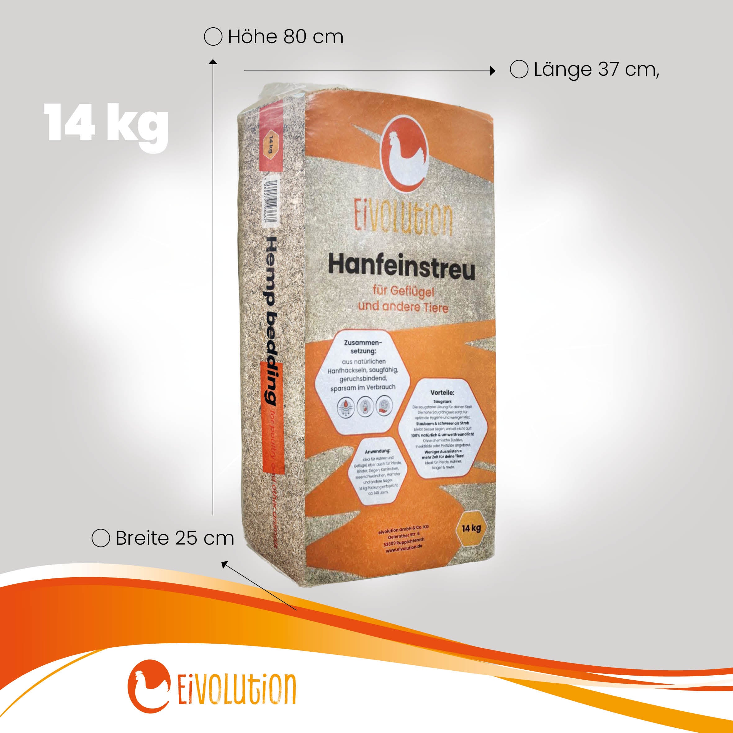Hanfeinstreu 14 kg Ballen Maße: "Breite 25 cm x Länge 37 cm x Höhe 80 cm"