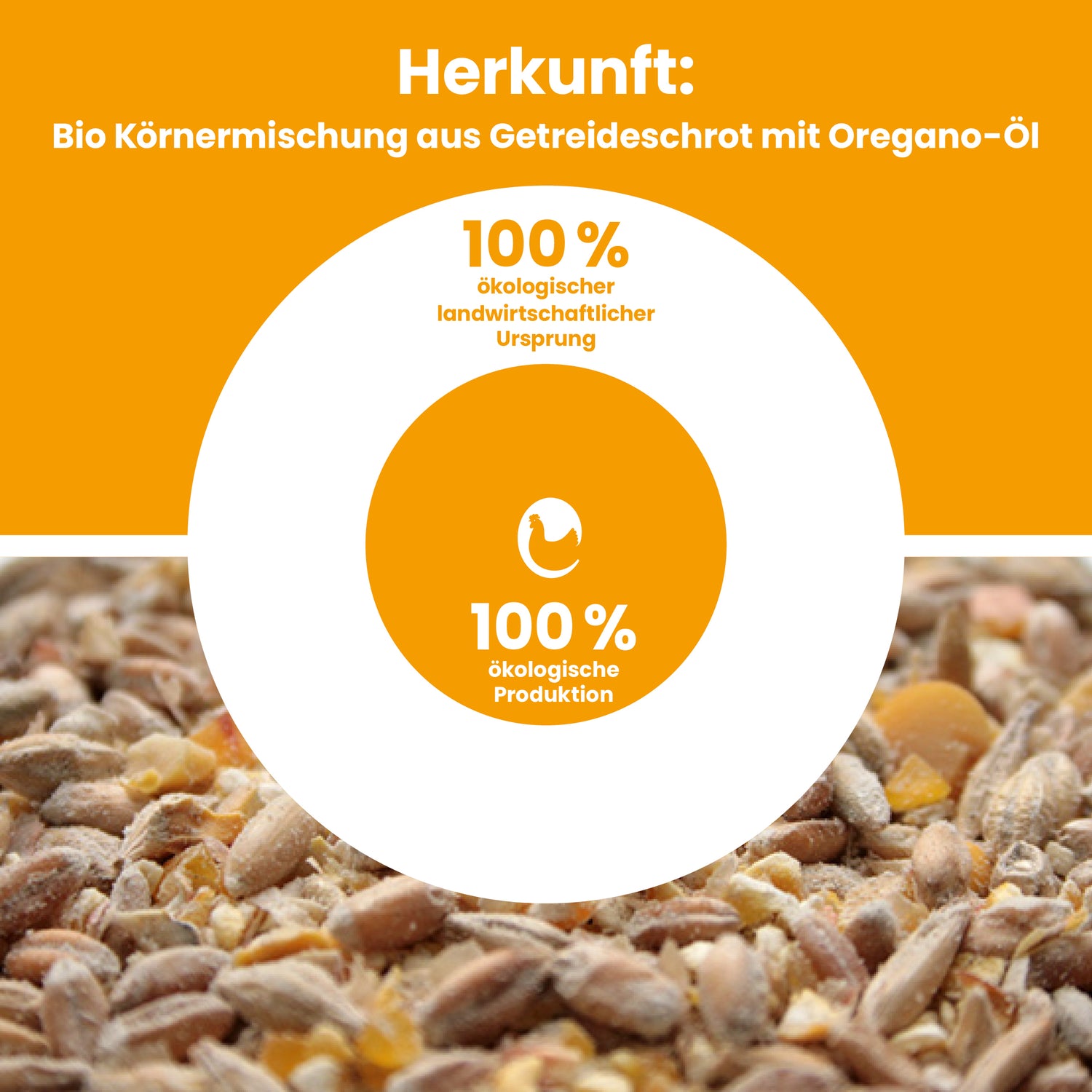 "Herkunft: Bio-Körnermischung aus Getreideschrot mit Oregano-Öl, 100% ökologischer landwirtschaftlicher Ursprung, 100% ökologische Produktion"