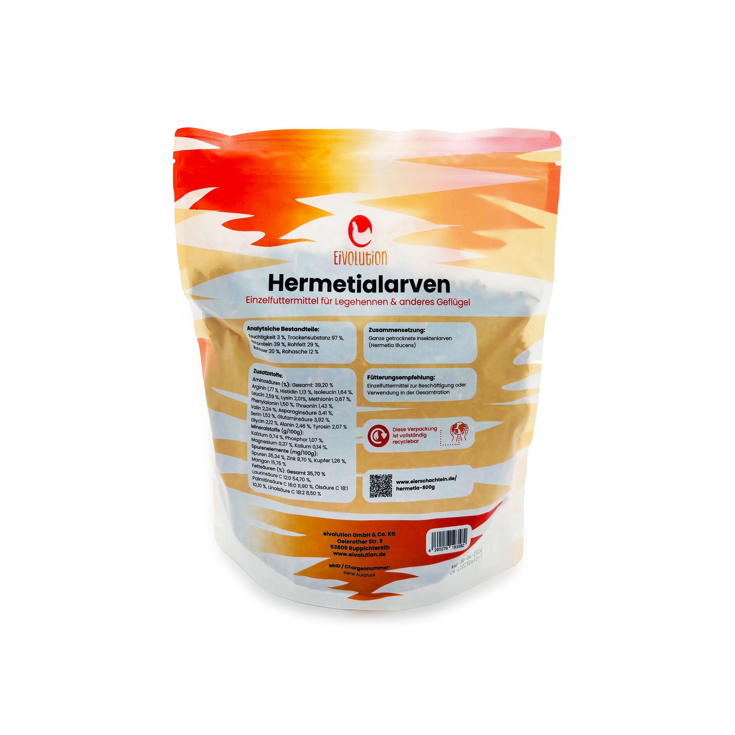 Getrocknete Hermetialarven als Hühnersnack 800 g, Rückseite