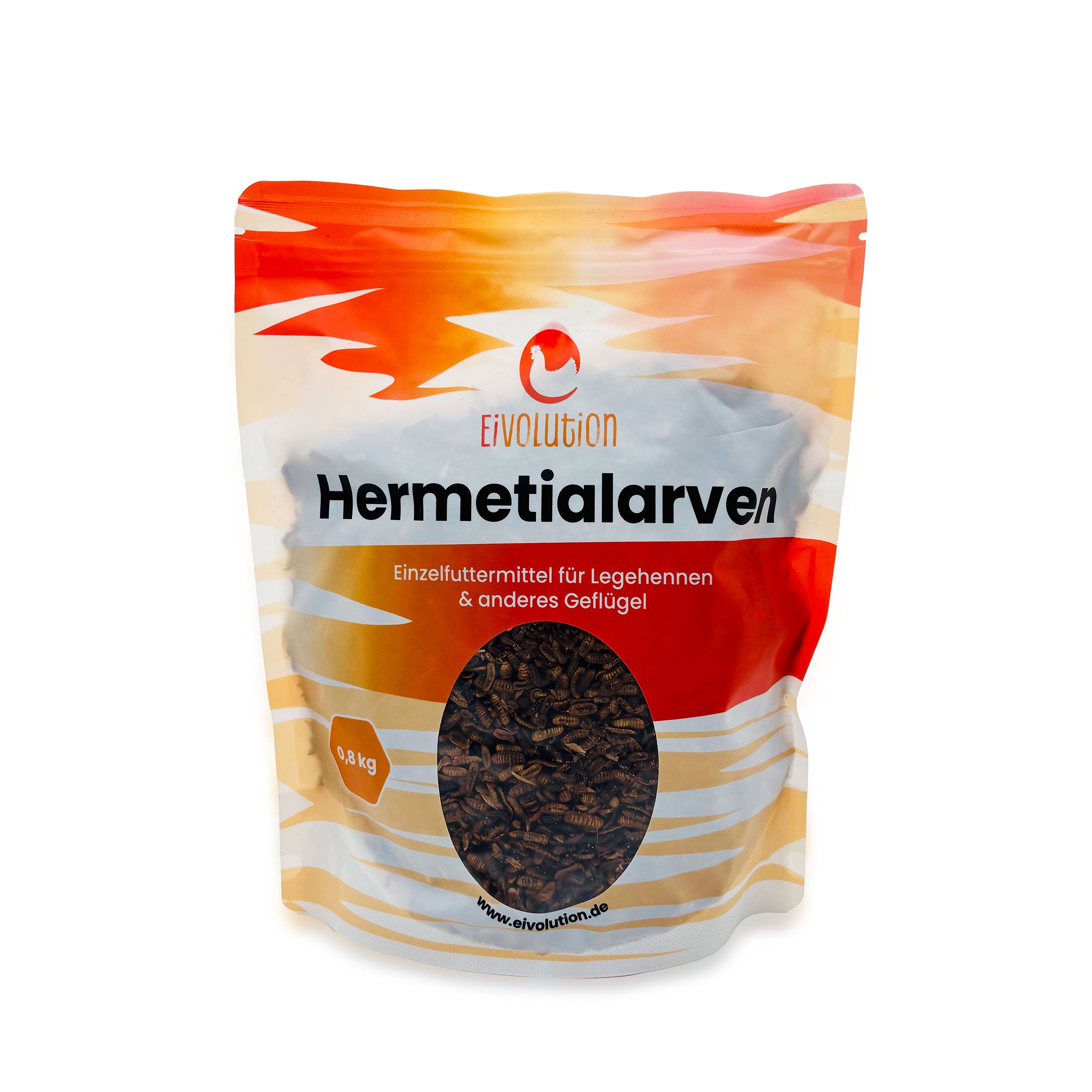Getrocknete Hermetialarven als Hühnersnack 800 g, Vorderseite