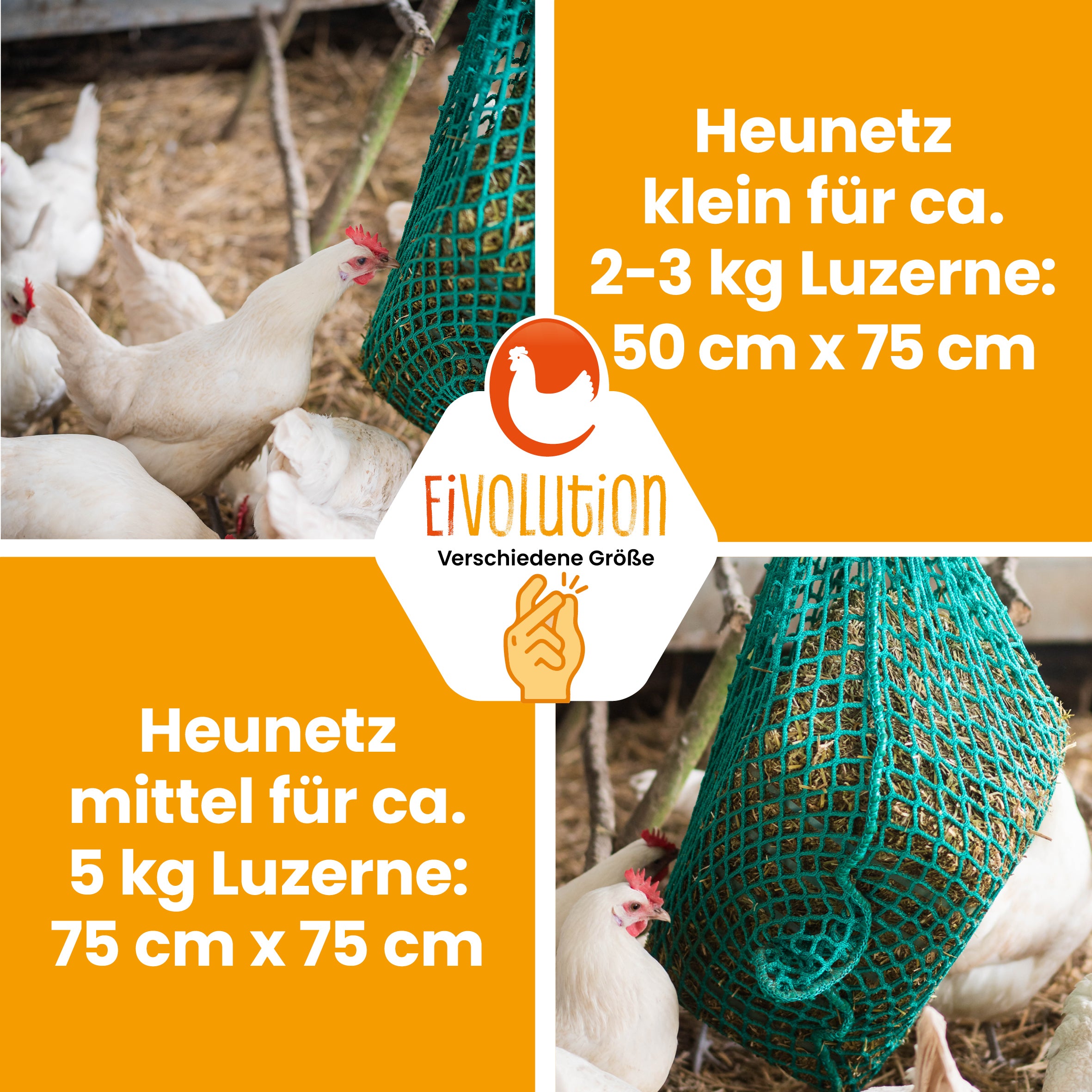 Heunetz "Heunetz klein für ca. 2-3 kg Luzerne: 50 cm x 75 cm, Heunetz mittel für ca. 5 kg Luzerne: 75 cm x 75 cm"