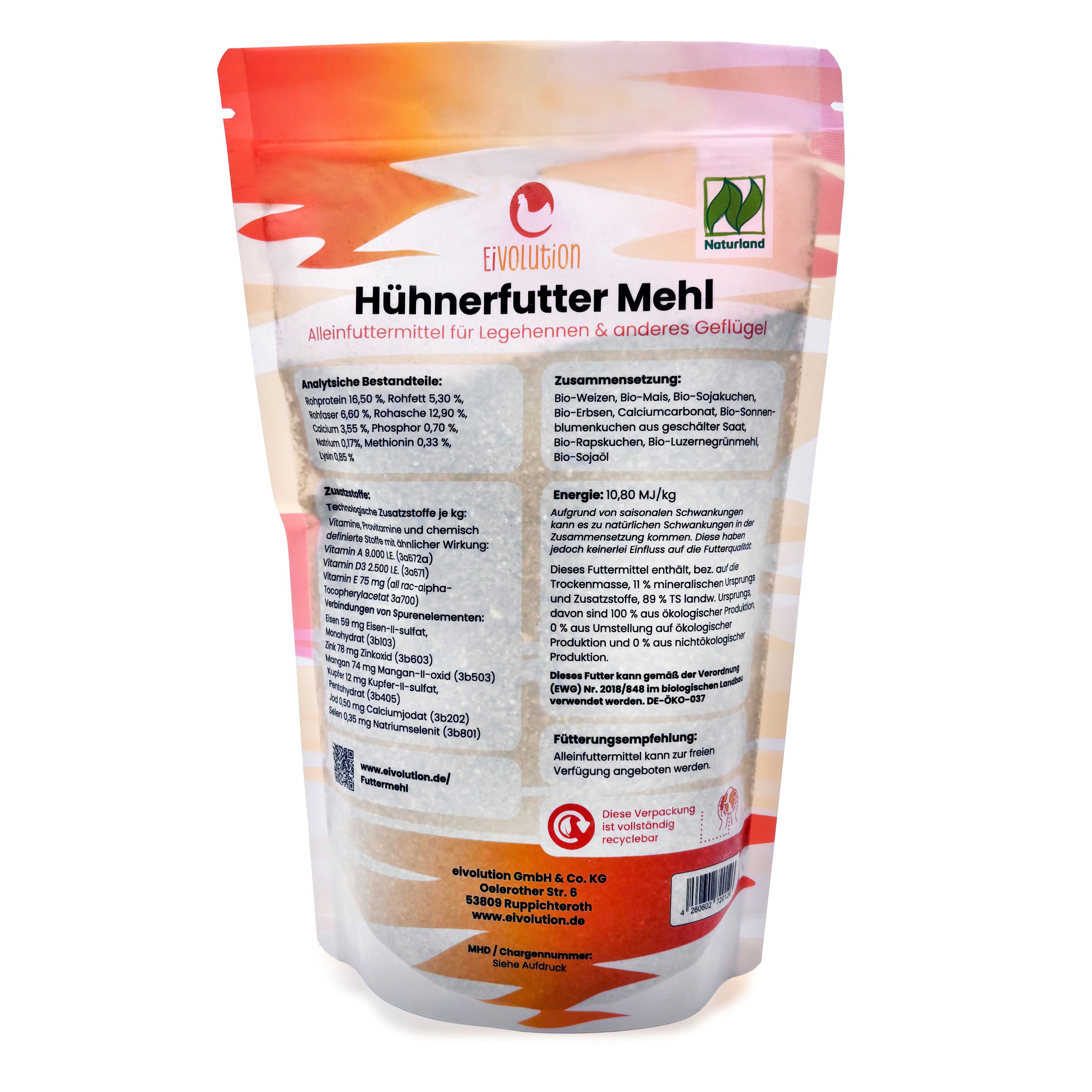 Mehl Bio-Hühnerfutter, 800 g Beutel, Rückseite 