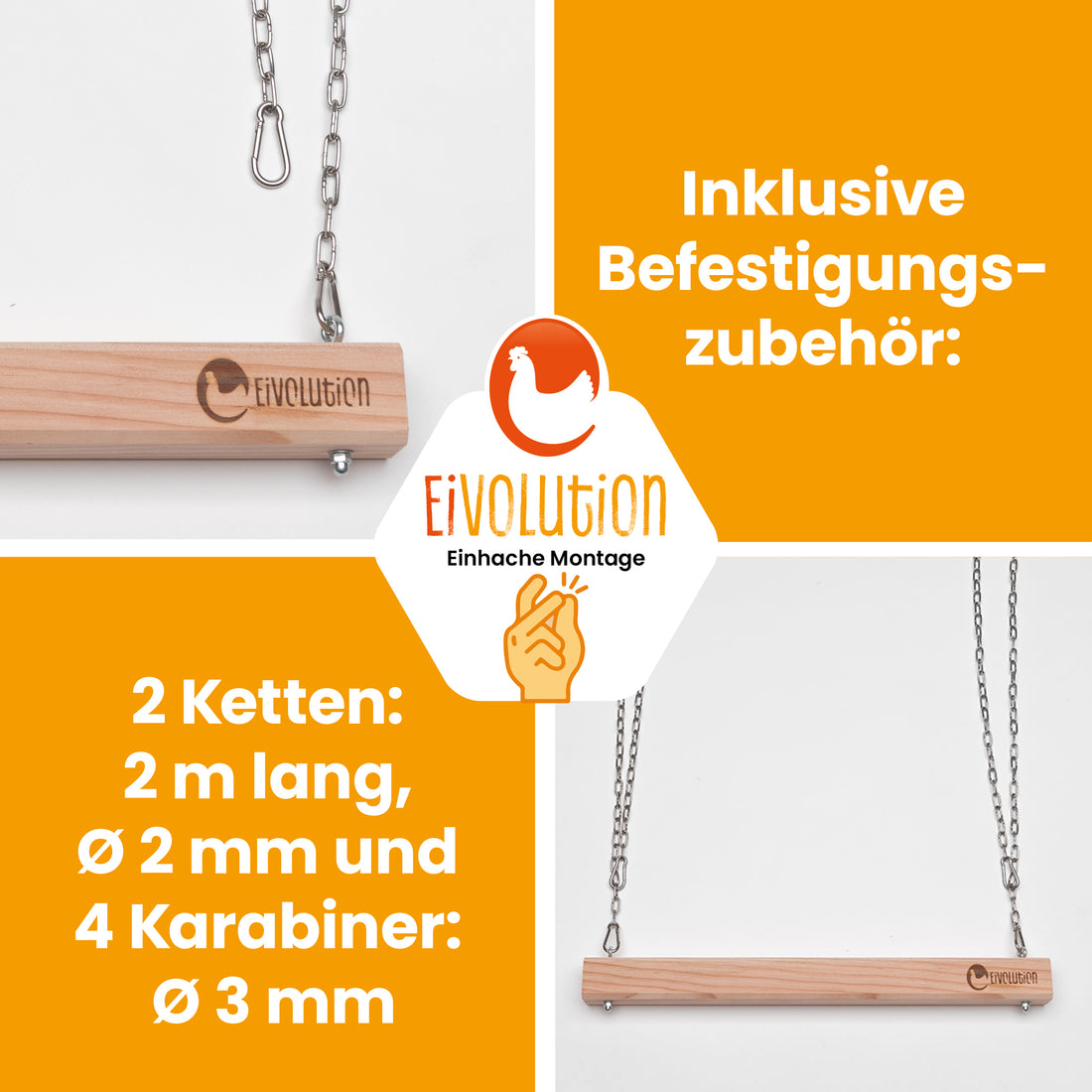 Hühnerschaukel "Inklusive Befestigungszubehör: 2 Ketten: 2 m lang, Ø 2 mm und 4 Karabiner: Ø 3 mm
