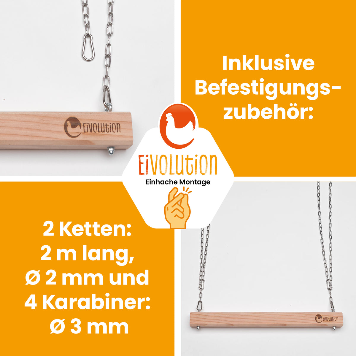 Hühnerschaukel "Inklusive Befestigungszubehör: 2 Ketten: 2 m lang, Ø 2 mm und 4 Karabiner: Ø 3 mm