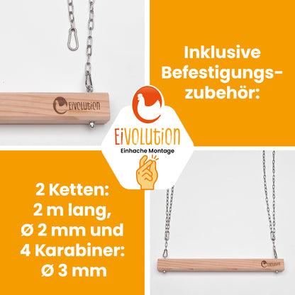 Hühnerschaukel "Inklusive Befestigungszubehör: 2 Ketten: 2 m lang, Ø 2 mm und 4 Karabiner: Ø 3 mm